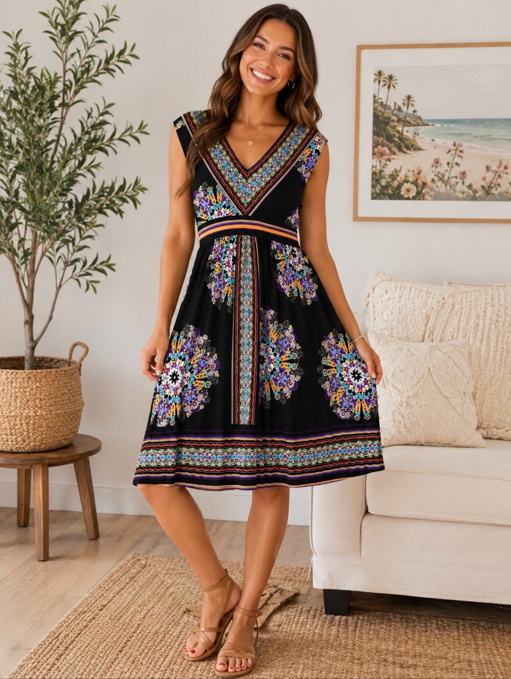 Emma & Michele Black Midi Dress‎ with Purple, Yellow & Blue Medallion Print